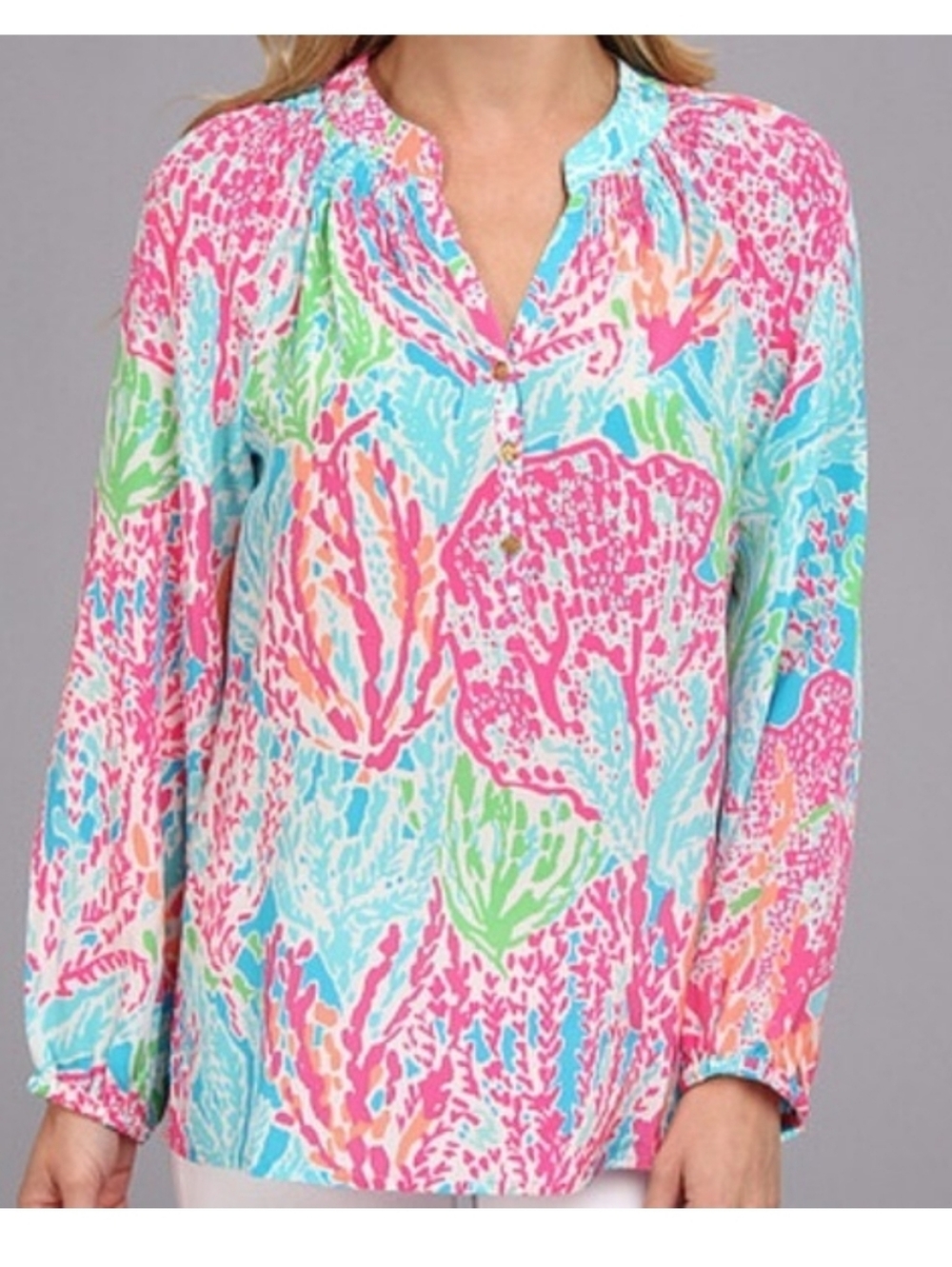Lilly Pulitzer Elsa Silk Top Let's Cha Cha Pink Multi Coral-Print, Size L - Picture 15 of 15